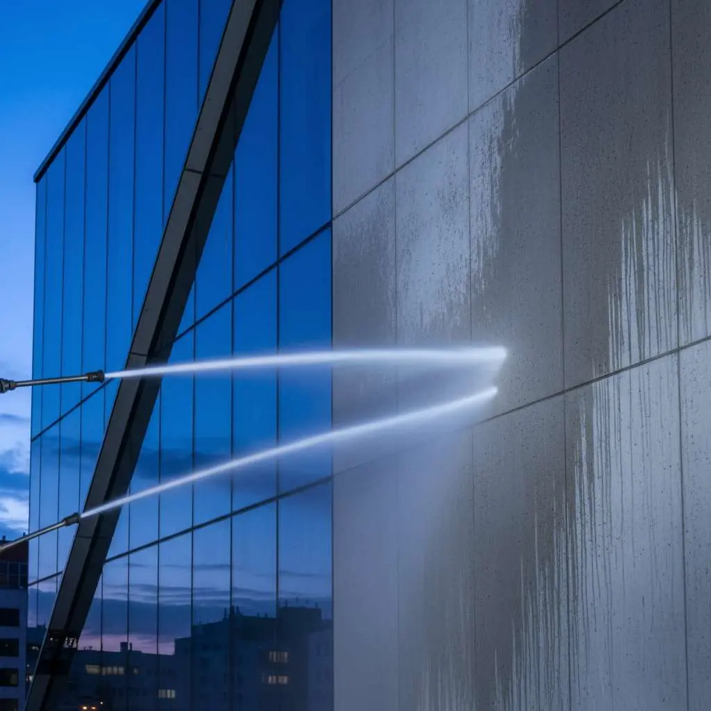 Glasgevel wordt met een waterstraal gereinigd bij schemer